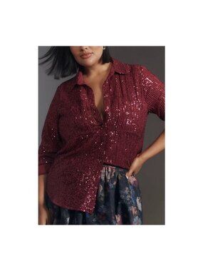 Anthropologie Long Sleeve Sequin Blouse Shirt Red Merlot Pink Size XL Holiday